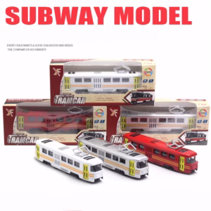 1:90 Málmblönduð sporvagnslíkan með ljósum, tónlist, opnanlegum hurðum – neðanjarðarlest og rútubíll leikfangabíll