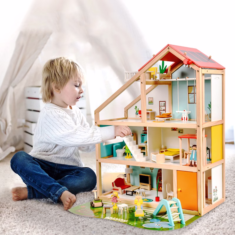 Barnaleikjahús úr tré – raunhæf villa, evrópskt prinsessu dúkkuhús með eldhúsi, leikfangasett. - Image 2