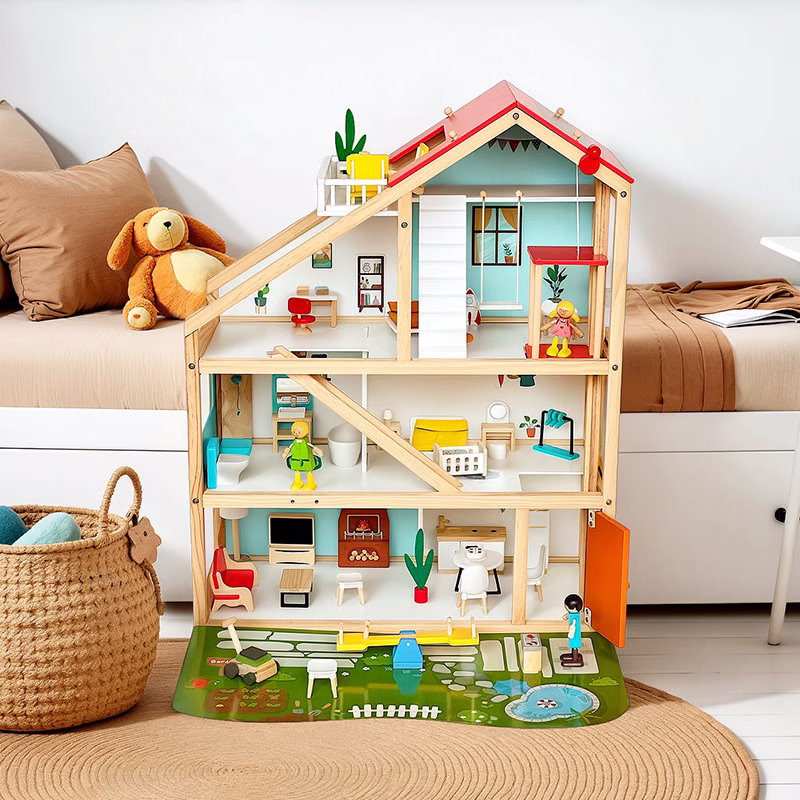 Barnaleikjahús úr tré – raunhæf villa, evrópskt prinsessu dúkkuhús með eldhúsi, leikfangasett. - Image 4