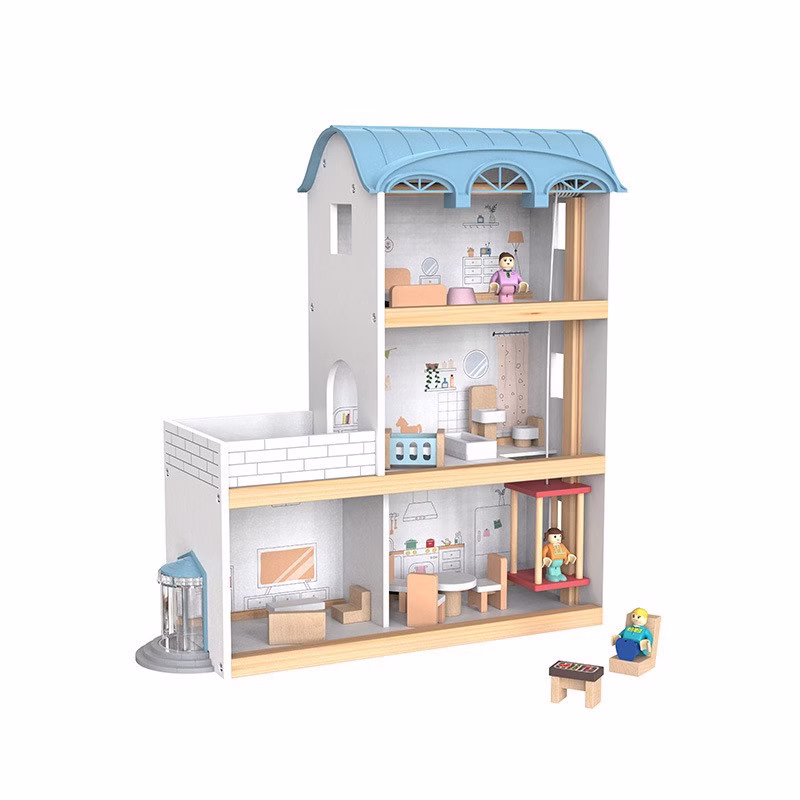 Barnaleikjahús úr tré – raunhæf villa, evrópskt prinsessu dúkkuhús með eldhúsi, leikfangasett. - Image 9