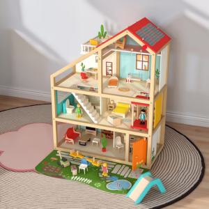 Barnaleikjahús úr tré – raunhæf villa, evrópskt prinsessu dúkkuhús með eldhúsi, leikfangasett.