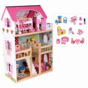 Tréleikfangahús – dúkkuhús fyrir börn, raunhæf lítil villa, bleikur prinsessukastali, foreldra-barna samskipta leikfang